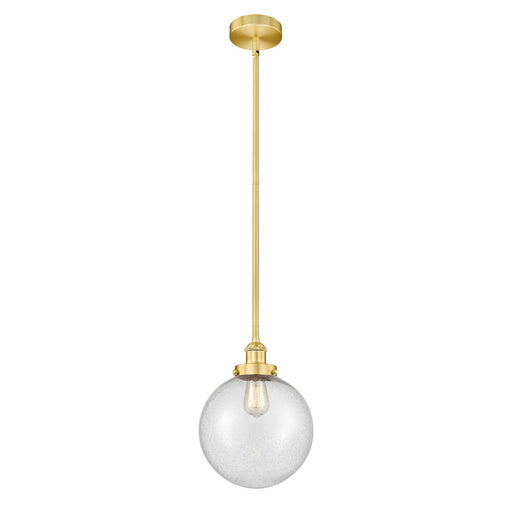 Innovations Beacon 10in 1-Light Mini Pendant | Industrial Satin Gold Steel and Seedy Glass | Kitchen Island & Dining Room | Model 616-1SH-SG-G204-10-LED