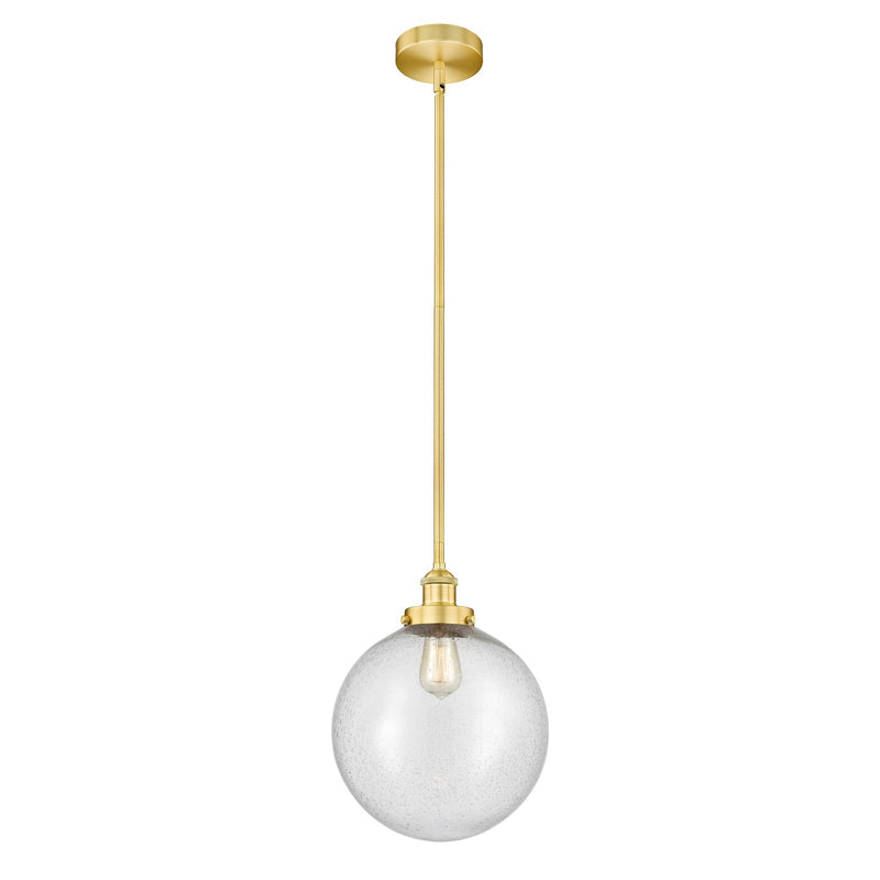 Innovations Beacon 12in 1-Light Mini Pendant | Industrial Satin Gold Steel and Seedy Glass | Kitchen Island & Dining Room | Model 616-1SH-SG-G204-12-LED
