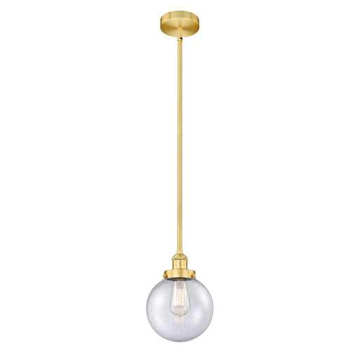 Innovations Beacon 8in 1-Light Mini Pendant | Industrial Satin Gold Steel and Seedy Glass | Kitchen Island & Dining Room | 8 | Model 616-1SH-SG-G204-8-LED