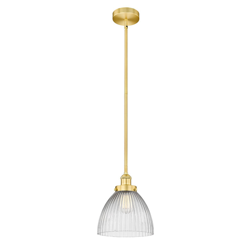 Innovations Seneca Falls 10in 1-Light Mini Pendant | Traditional Industrial Satin Gold Steel and Clear Halophane Glass | Kitchen | Model 616-1SH-SG-G222