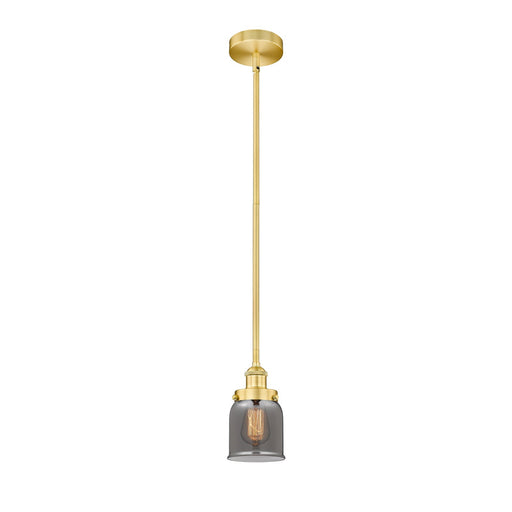 Innovations Bell 5in 1-Light Mini Pendant | Industrial Farmhouse Satin Gold Steel and Light Smoke Glass | Kitchen Island & | Model 616-1SH-SG-G53-LED