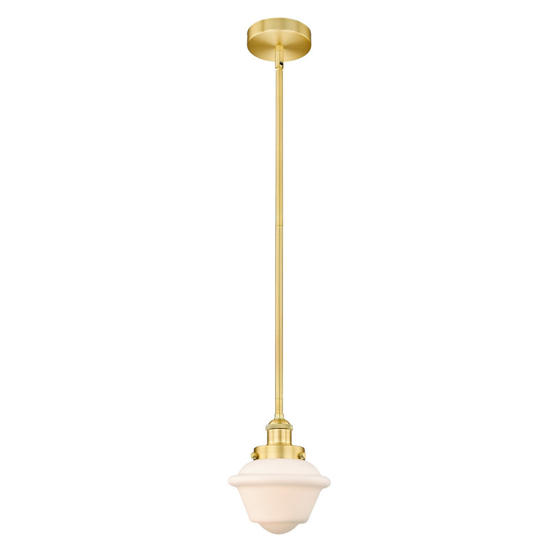 Innovations Oxford 7.25in 1-Light Mini Pendant | Traditional Satin Gold Steel and Matte White Frosted Glass | Kitchen Island & | Model 616-1SH-SG-G531