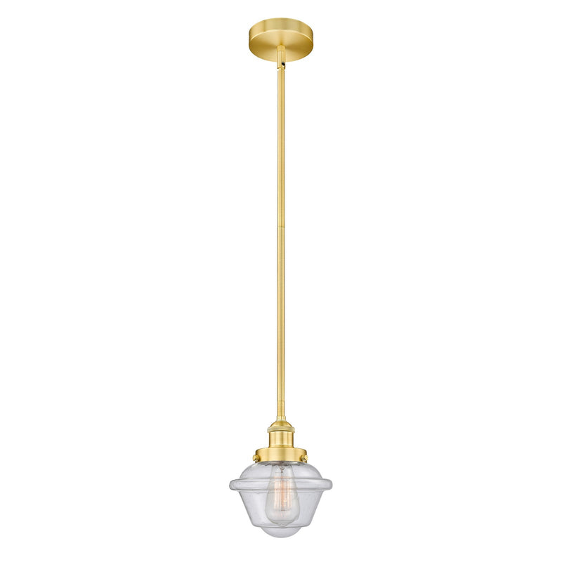 Innovations Oxford 7.25in 1-Light Mini Pendant | Traditional Satin Gold Steel and Seedy Glass | Kitchen Island & Dining Room | Model 616-1SH-SG-G534-LED