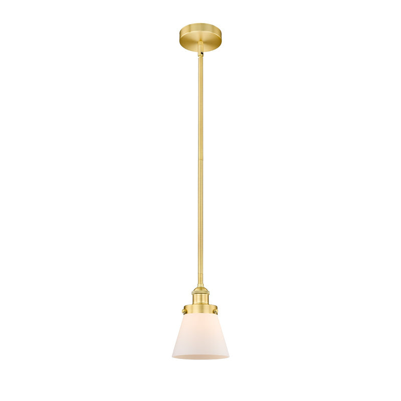 Innovations Cone 6.25in 1-Light Mini Pendant | Industrial Satin Gold Steel and Matte White Frosted Glass | Kitchen Island & | Model 616-1SH-SG-G61-LED