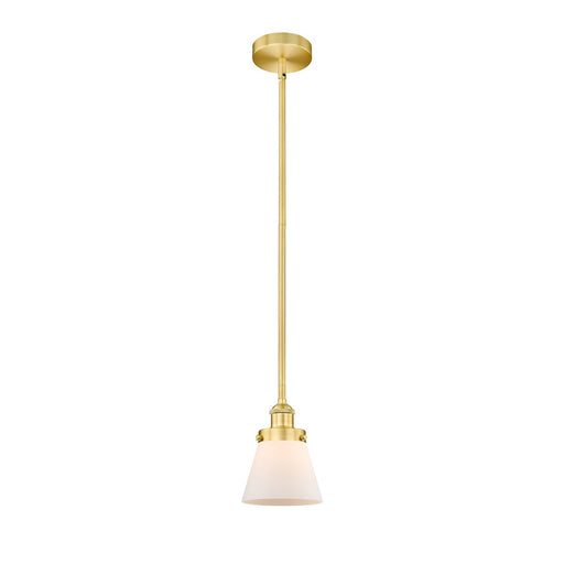 Innovations Cone 6.25in 1-Light Mini Pendant | Industrial Satin Gold Steel and Matte White Frosted Glass | Kitchen Island & | Model 616-1SH-SG-G61-LED