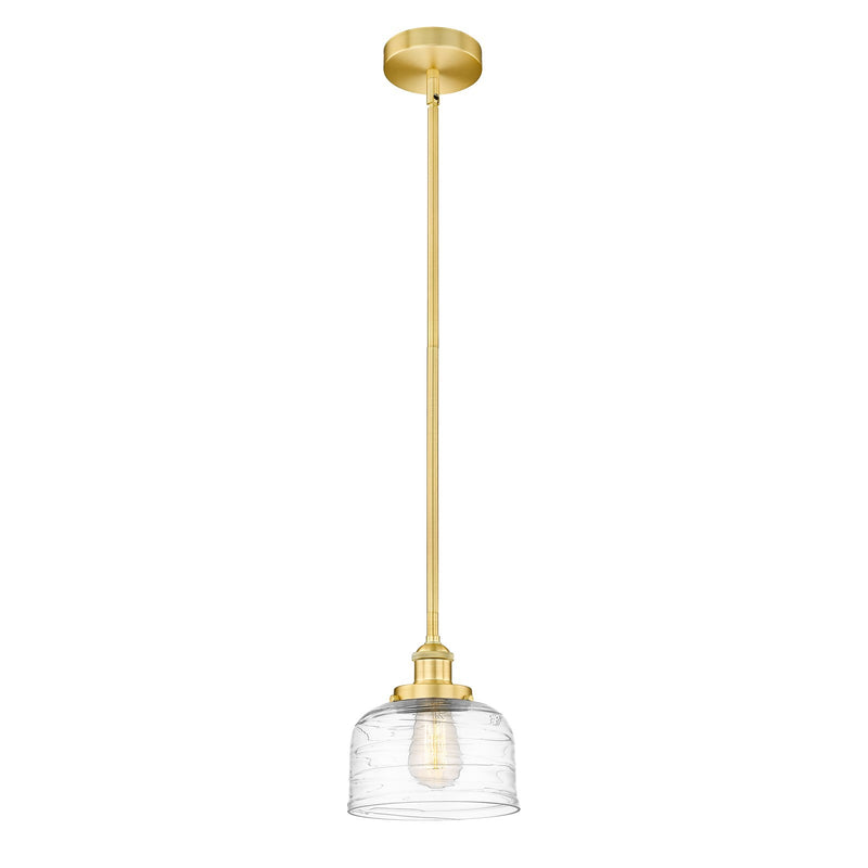 Innovations Bell 8in 1-Light Mini Pendant | Industrial Satin Gold and Clear Deco Swirl Glass | Kitchen Island | 7.75 x 7.75 x 8.25 | Model 616-1SH-SG-G713