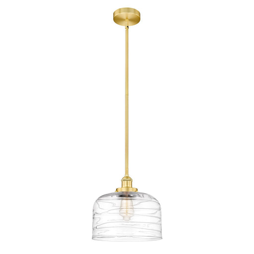 Innovations Bell 12in 1-Light Mini Pendant | Industrial Satin Gold Steel and Clear Deco Swirl Glass | Kitchen Island & Dining | Model 616-1SH-SG-G713-L