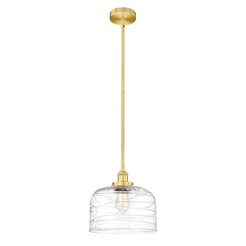 Innovations Bell 12in 1-Light Mini Pendant | Industrial Satin Gold Steel and Clear Deco Swirl Glass | Kitchen Island & | Model 616-1SH-SG-G713-L-LED