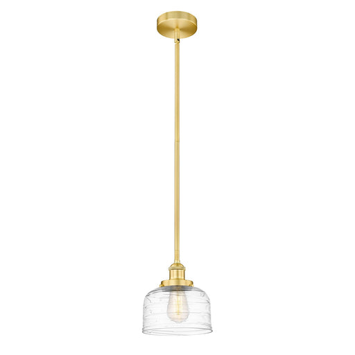Innovations Bell 8in 1-Light Mini Pendant | Industrial Satin Gold Steel and Clear Deco Swirl Glass | Kitchen Island & Dining | Model 616-1SH-SG-G713-LED
