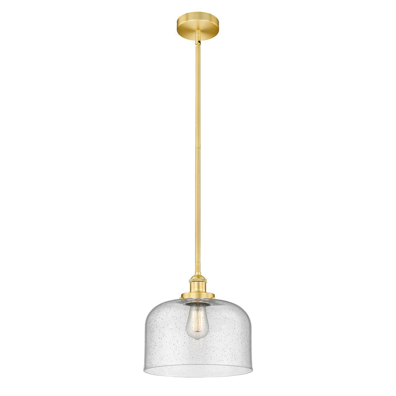 Innovations Bell 12in 1-Light Mini Pendant | Industrial Farmhouse Satin Gold Steel and Seedy Glass | Kitchen Island & Dining | Model 616-1SH-SG-G74-L-LED