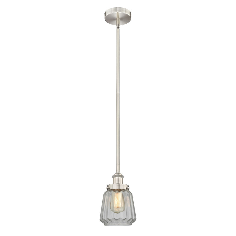 Innovations Lighting Chatham 7in 1-Light Mini Pendant | Art Deco Brushed Satin Nickel and Clear Ribbed Glass | Kitchen Island & | Model 616-1SH-SN-G142