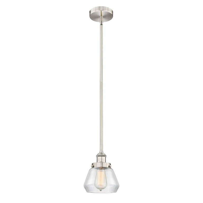 Innovations Fulton 7in 1-Light Mini Pendant | Industrial Brushed Satin Nickel Steel and Clear Cone Glass | Kitchen Island & Dining | Model 616-1SH-SN-G172