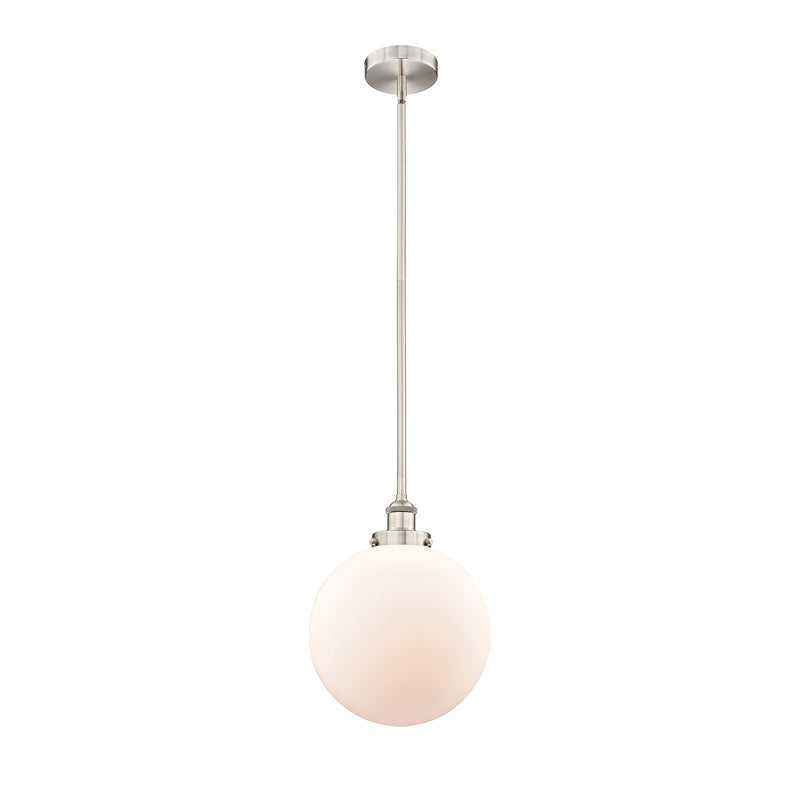 Innovations Beacon 12in 1-Light Mini Pendant | Industrial Brushed Satin Nickel and Matte White Frosted Glass | Kitchen Island & | Model 616-1SH-SN-G201-12