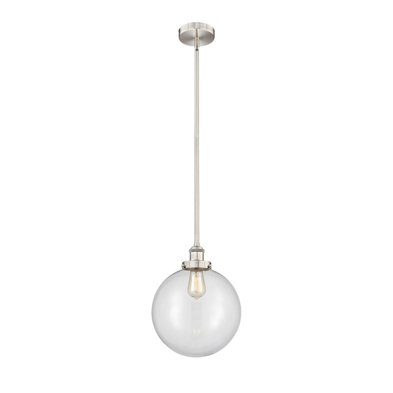 Innovations Beacon 12in 1-Light Mini Pendant | Industrial Brushed Satin Nickel Steel and Clear Glass | Kitchen Island & | Model 616-1SH-SN-G202-12-LED