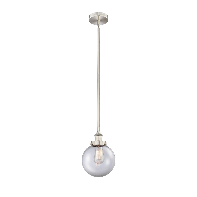 Innovations Beacon 8in 1-Light Mini Pendant | Industrial Brushed Satin Nickel Steel and Clear Glass | Kitchen Island & | Model 616-1SH-SN-G202-8-LED
