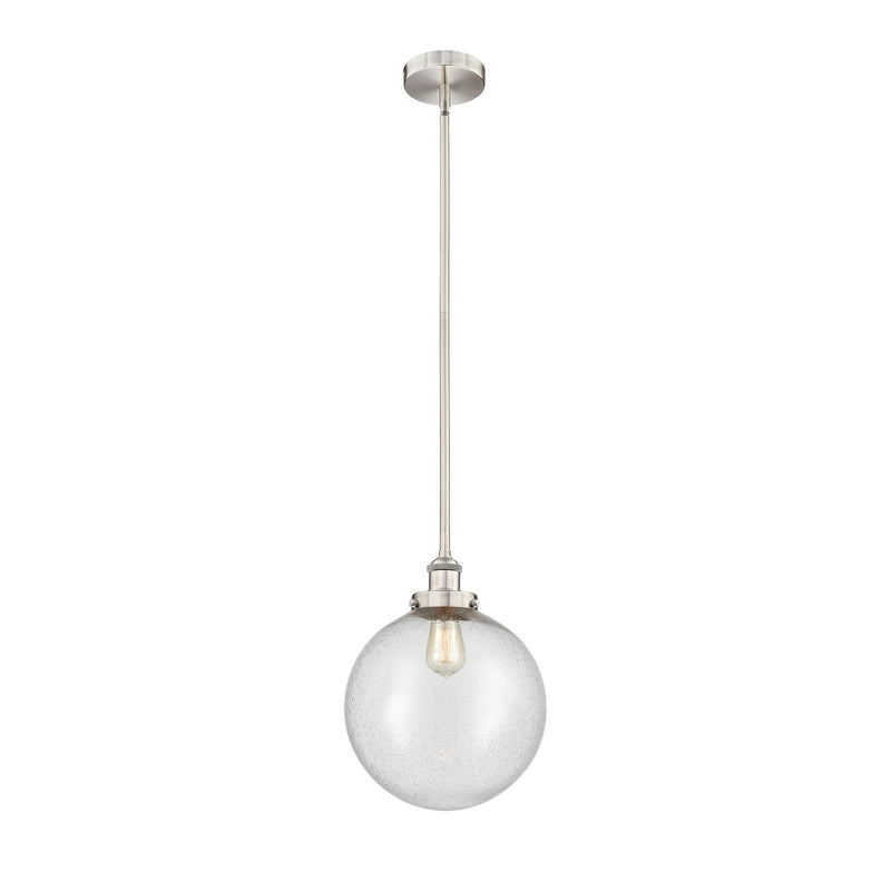Innovations Beacon 12in 1-Light Mini Pendant | Industrial Brushed Satin Nickel Steel and Seedy Glass | Kitchen Island & | Model 616-1SH-SN-G204-12-LED