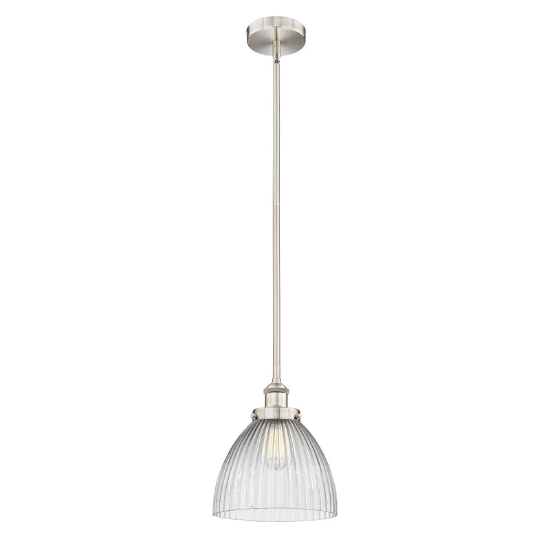 Innovations Seneca Falls 10in 1-Light Mini Pendant | Traditional Industrial Brushed Satin Nickel and Clear Halophane Glass | Model 616-1SH-SN-G222
