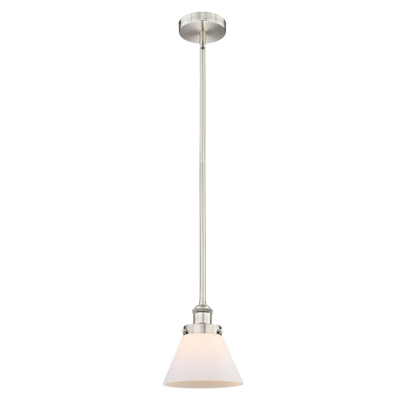 Innovations Cone 8in 1-Light Mini Pendant | Industrial Brushed Satin Nickel Steel and Matte White Frosted Glass | Kitchen Island & | Model 616-1SH-SN-G41