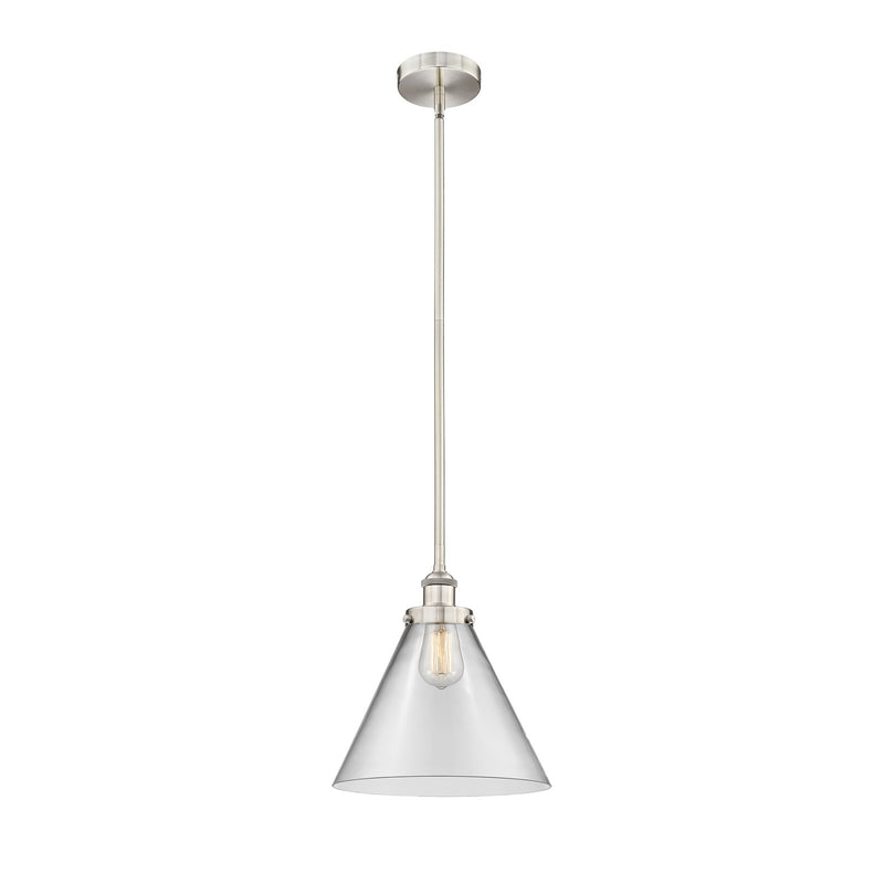 Innovations Cone 12in 1-Light Mini Pendant | Industrial Brushed Satin Nickel Steel and Clear Glass | Kitchen Island & Dining Room | Model 616-1SH-SN-G42-L