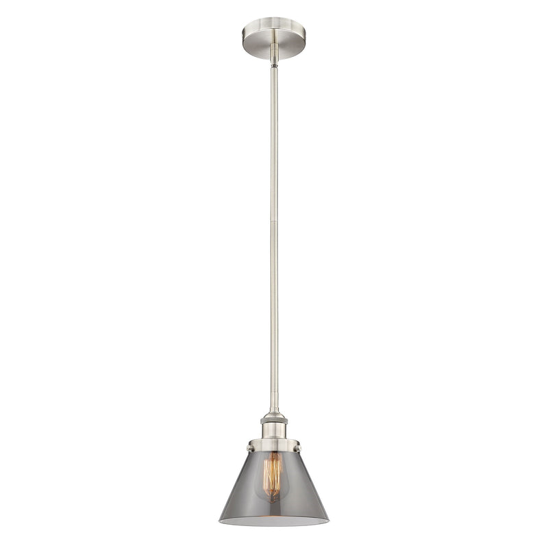 Innovations Cone 8in 1-Light Mini Pendant | Industrial Brushed Satin Nickel Steel and Light Smoke Glass | Kitchen Island & Dining | Model 616-1SH-SN-G43