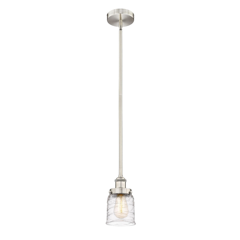 Innovations Bell 5in 1-Light Mini Pendant | Industrial Brushed Satin Nickel Steel and Clear Deco Swirl Glass | Kitchen Island | Model 616-1SH-SN-G513-LED