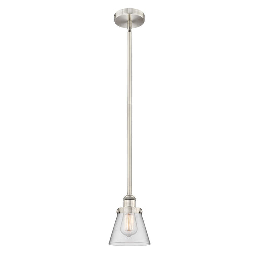Innovations Cone 6.25in 1-Light Mini Pendant | Industrial Brushed Satin Nickel Steel and Clear Glass | Kitchen Island & Dining Room | Model 616-1SH-SN-G62