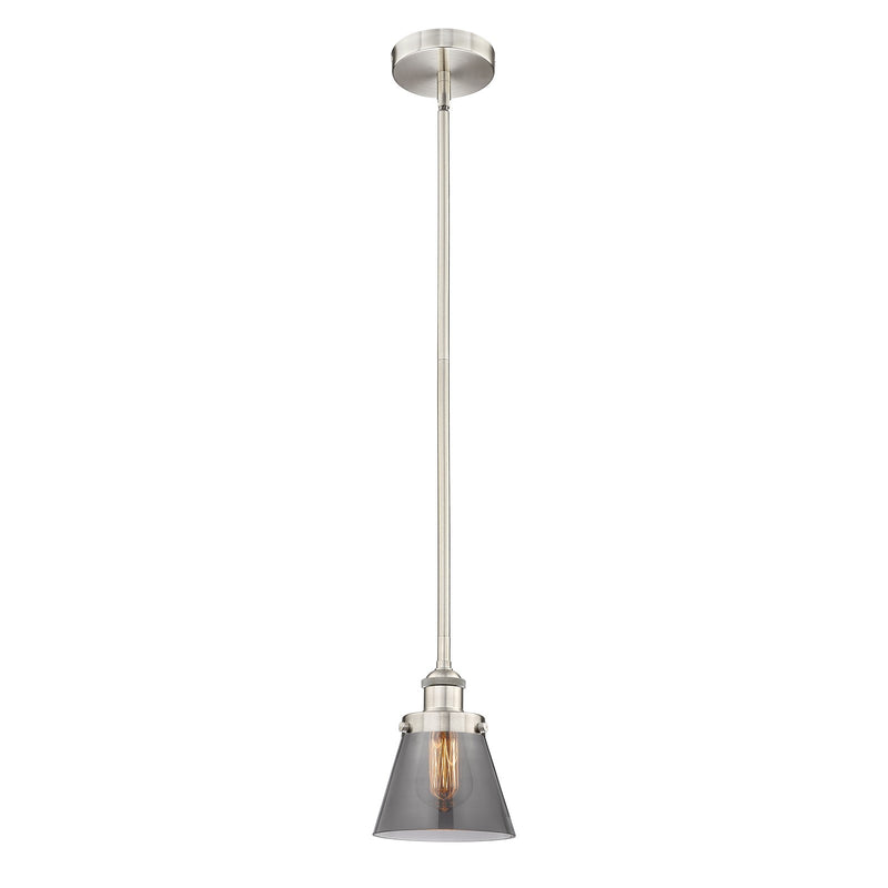 Innovations Cone 6.25in 1-Light Mini Pendant | Industrial Brushed Satin Nickel Steel and Light Smoke Glass | Kitchen Island & | Model 616-1SH-SN-G63