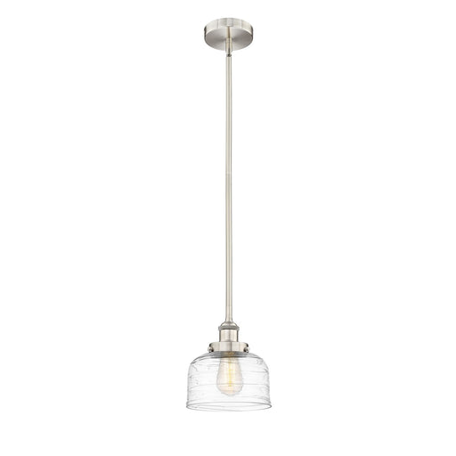 Innovations Bell 8in 1-Light Mini Pendant | Industrial Brushed Satin Nickel Steel and Clear Deco Swirl Glass | Kitchen Island & | Model 616-1SH-SN-G713