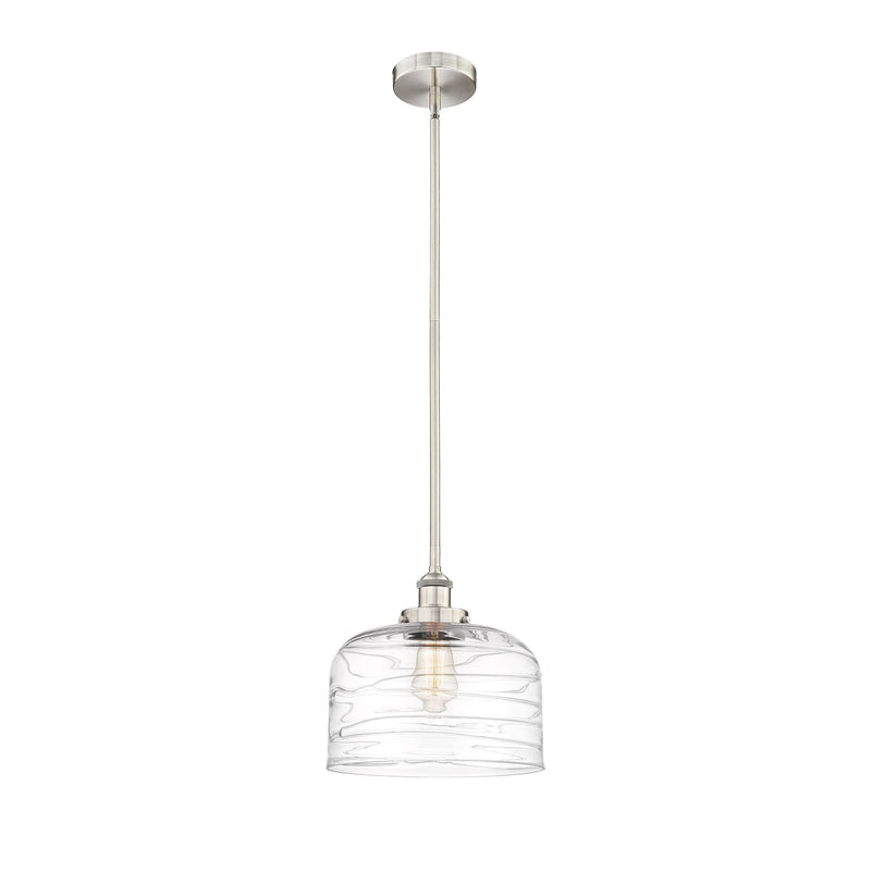 Innovations Bell 11.5in 1-Light Mini Pendant | Industrial Brushed Satin Nickel Steel and Clear Deco Swirl Glass | Kitchen Island | Model 616-1SH-SN-G713-L