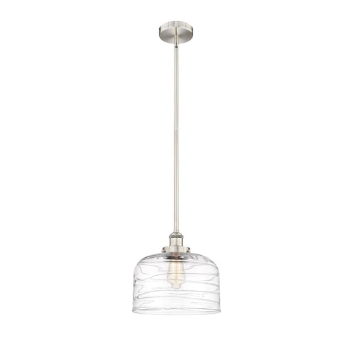 Innovations Bell 11.5in 1-Light Mini Pendant | Industrial Brushed Satin Nickel Steel and Clear Deco Swirl Glass | Kitchen | Model 616-1SH-SN-G713-L-LED