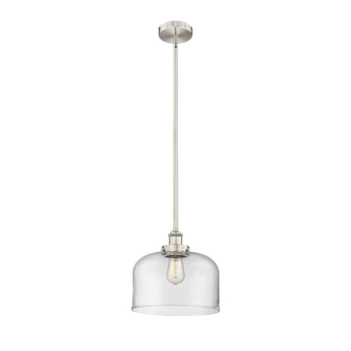 Innovations Bell 12in 1-Light Mini Pendant | Industrial Brushed Satin Nickel Steel and Clear Glass | Kitchen Island & Dining | Model 616-1SH-SN-G72-L-LED