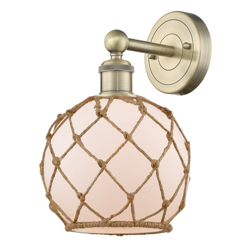 Innovations Farmhouse Rope 8in 1-Light Wall Sconce | Industrial Antique Brass Steel and White Frosted Glass with Brown Rope | Model 616-1W-AB-G121-8RB