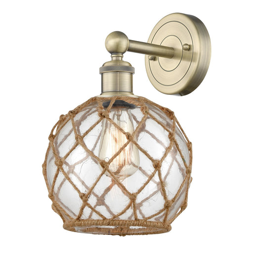Innovations Farmhouse Rope 8in 1-Light Wall Sconce | Industrial Antique Brass Steel and Clear Glass with Brown Rope | Bathroom | Model 616-1W-AB-G122-8RB