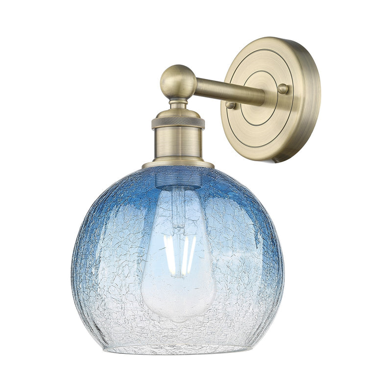 Innovations Brookhaven Globe 8in 1-Light Wall Sconce | Industrial Antique Brass Steel and Sapphire Blue Glass | Bathroom & | Model 616-1W-AB-G483-8SB