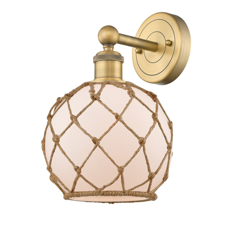 Innovations Farmhouse Rope 8in 1-Light Wall Sconce | Industrial Brushed Brass and White Frosted Glass with Brown Rope | Model 616-1W-BB-G121-8RB