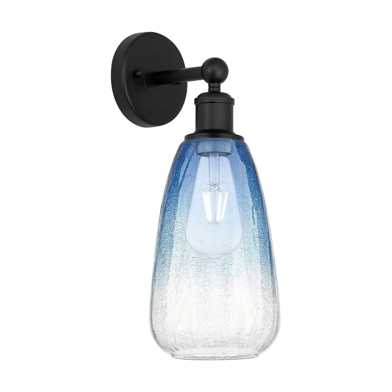 Innovations Brookhaven Almond 6in 1-Light Wall Sconce | Industrial Matte Black Steel and Sapphire Blue Glass | Damp Rated | Model 616-1W-BK-G480-6SB