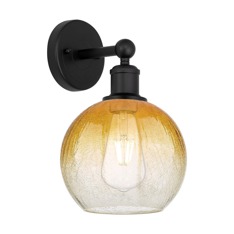 Innovations Brookhaven Globe 8in 1-Light Wall Sconce | Industrial Matte Black Steel and Amber Glass | Bedroom & Hallway Accent | Model 616-1W-BK-G483-8AM