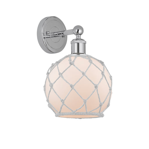 Innovations Farmhouse Rope 8in 1-Light Wall Sconce | Industrial Polished Chrome Steel and White Frosted Glass with Rope Shade | Model 616-1W-PC-G121-8RW