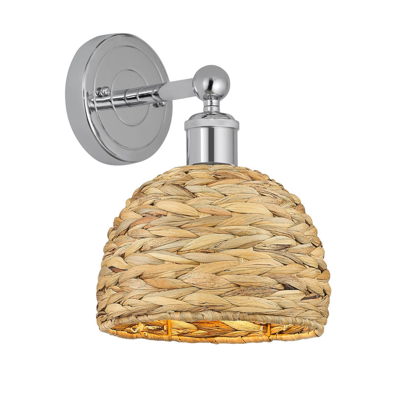 Innovations Woven Rattan 8in 1-Light Wall Sconce | Industrial Polished Chrome Steel and Natural Fiber Dome Shade | Bathroom & | Model 616-1W-PC-RBD-8-NAT