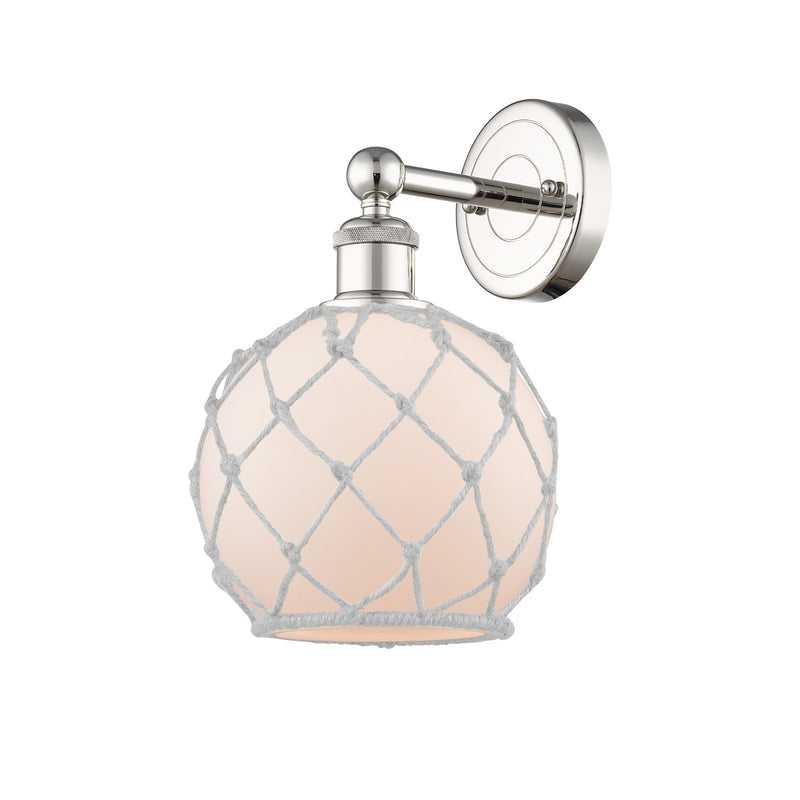 Innovations Farmhouse Rope 8in 1-Light Wall Sconce | Industrial Polished Nickel Steel and White Frosted Glass with Rope | Model 616-1W-PN-G121-8RW