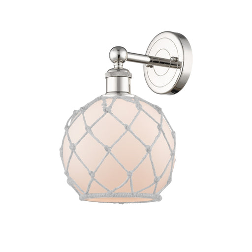 Innovations Farmhouse Rope 8in 1-Light Wall Sconce | Industrial Polished Nickel Steel and White Frosted Glass with Rope | Model 616-1W-PN-G121-8RW