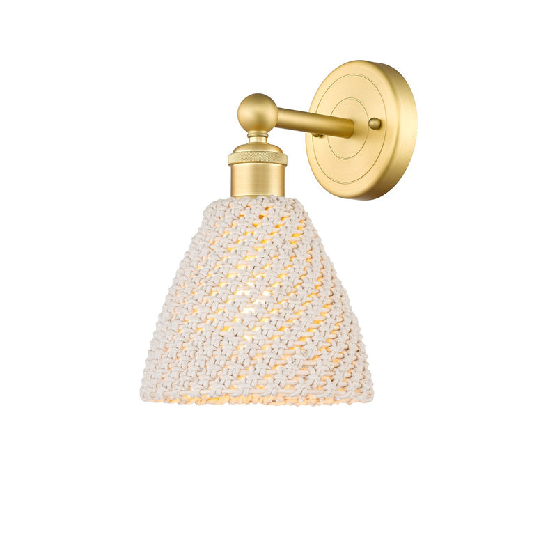 Innovations Bristol Natural 7.5in 1-Light Wall Sconce | Industrial Satin Gold Steel and Cast Brass with Natural Fiber Dome | Model 616-1W-SG-NBD-75-NAT