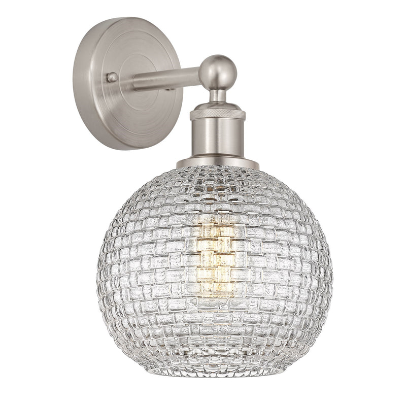 Innovations Athens 8in 1-Light Wall Sconce | Modern Farmhouse Satin Nickel and Clear Basket Weave Glass | Bathroom & Hallway | Model 616-1W-SN-G122C-8CL