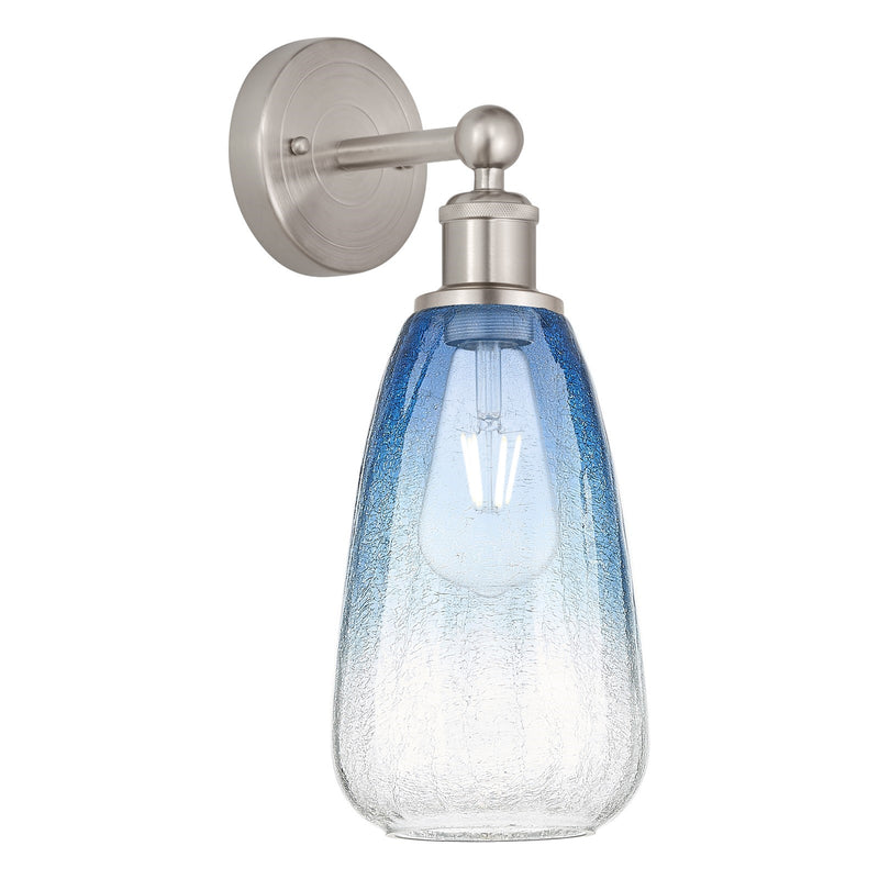 Innovations Brookhaven Almond 6in 1-Light Wall Sconce | Industrial Brushed Satin Nickel Steel and Sapphire Blue Glass | Damp | Model 616-1W-SN-G480-6SB