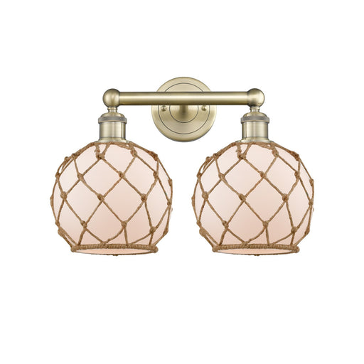 Innovations Farmhouse Rope 17in 2-Light Bath Vanity | Industrial Antique Brass Steel and White Frosted Glass with Brown Rope | Model 616-2W-AB-G121-8RB