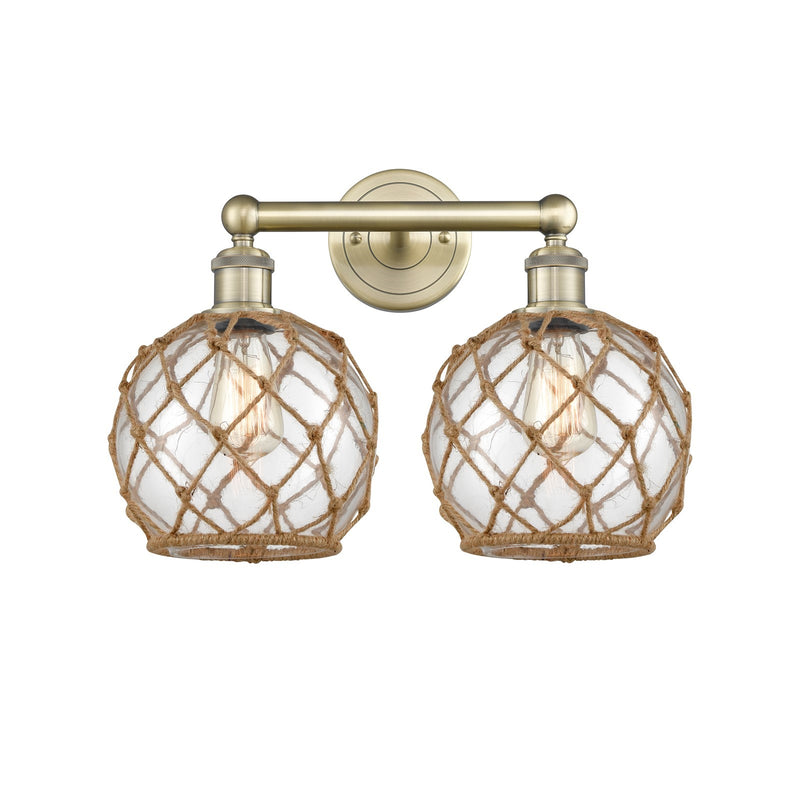 Innovations Farmhouse Rope 17in 2-Light Bath Vanity Light | Industrial Antique Brass Steel and Clear Glass with Brown Rope | Model 616-2W-AB-G122-8RB