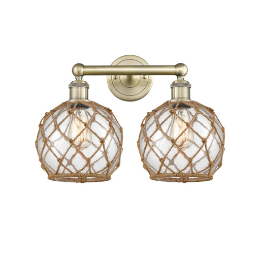 Innovations Farmhouse Rope 17in 2-Light Bath Vanity Light | Industrial Antique Brass Steel and Clear Glass with Brown Rope | Model 616-2W-AB-G122-8RB