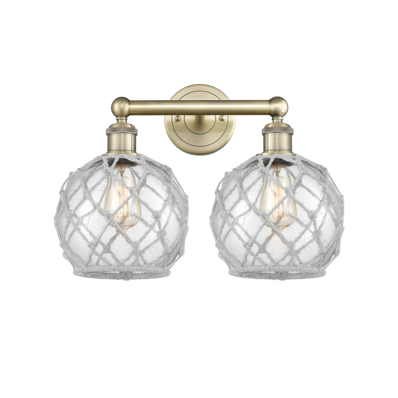 Innovations Farmhouse Rope 17in 2-Light Bath Vanity | Industrial Antique Brass Steel and Clear Glass with White Rope | Bathroom | Model 616-2W-AB-G122-8RW