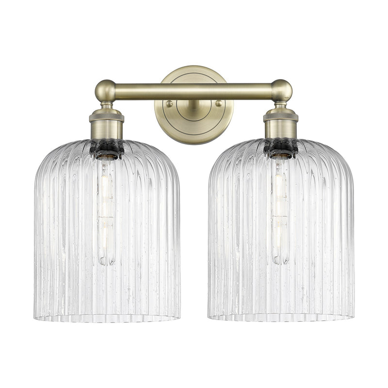 Innovations Bridal Veil 14in 2-Light Bath Vanity Light | Art Nouveau Antique Brass Steel and Seedy Ribbed Glass | Bathroom | Model 616-2W-AB-G559-8SDY