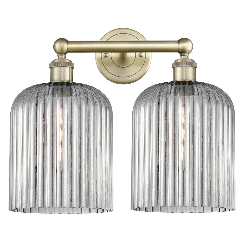 Innovations Bridal Veil 14in 2-Light Bath Vanity | Art Nouveau Antique Brass Steel and Light Smoke Ribbed Glass | Bathroom | Model 616-2W-AB-G559-8SM